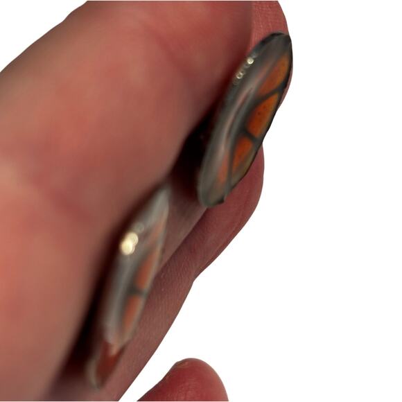 Vintage screwback earrings enamel finish on silvertone unique Boho orange black - Picture 6 of 6